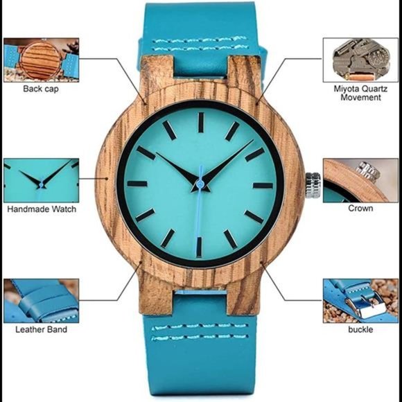 Women\'s Bamboo Stylish Wooden Watch with Blue Cowhide Leather Strap main image 4